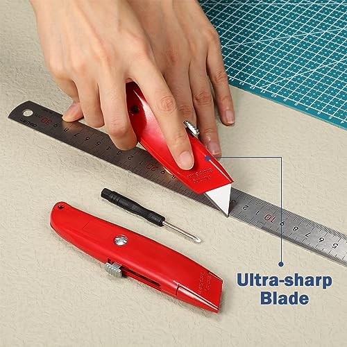 Image of Lasnten 12 Pcs Box Cutter Bulk Retractable Utility Knife Heavy Duty Aluminum Alloy Carpet Knife Package Opener Cutter Blade for Cardboard Plastics Cartons DIY Home Warehouse Office(Red)