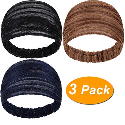 LONEEDY 3 Pack Wide Headband for Women Elastic Head Wrap Hair Band, Fashion Sequin Turban Stretch Hair Accessories (Black+Blue+Brown)