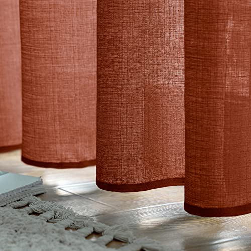 MIULEE 2er Set Voile Vorhang Sheer Leinenvorhang mit Ösen Transparente Unregelmäßige Textur Gardine Ösenschal Fensterschal Lichtdurchlässig für Schlafzimmer 245 x 140cm (H x B) Ziegelrot