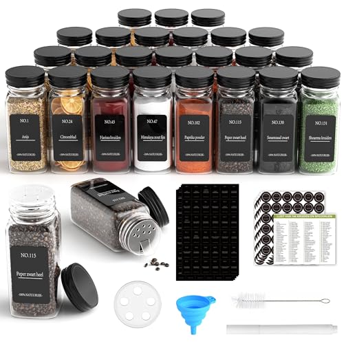 laeeyin Juego de 24 tarros de especias rectangulares con tapa, 120 ml, tarros de especias con etiquetas resistentes al agua, recipiente para especias con embudo con inserto para esparcir, colador