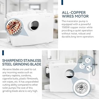 1500W Macerator Pump with Grinding Blade Toilet Pump Utility Sink Pump Upflush to 32.8FT 2800GPH Macerating Toilet System with 4 Water Inlets 2 Outlets for Toilet Sink Shower Laundry Kitchen Basement