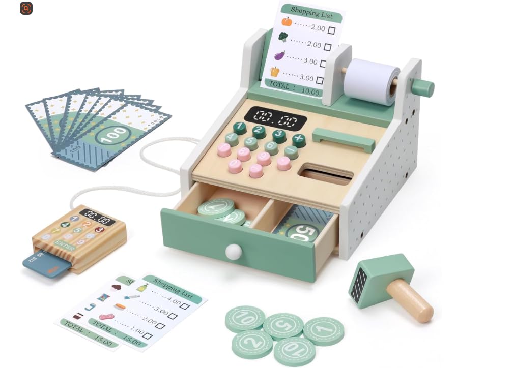 JIYANA Montessori - Cassa per bambini in legno, con contanti e lettore di carte. Accessori per la cassa, regalo per ragazze e ragazzi dai 3 4 5 anni, regalo per bambini di compleanno