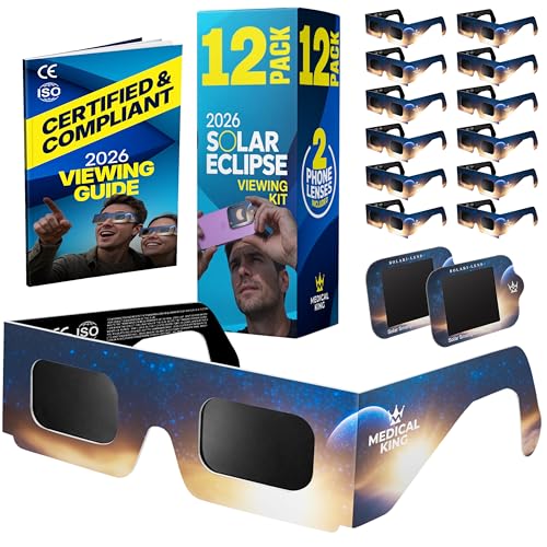 Medical king Solar Eclipse Glasses 12 pk ISO 12312-2 and CE Certified Glasses For Safe View Solar Eclipse 2026 The Eclipse August 12, 2026 With 2 Phone Lenss
