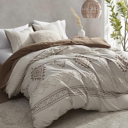 Image of Oli Anderson Boho Duvet Cover Set Queen Size, Beige and Terracotta Color Clash 3 Pieces Microfiber Bedding Set, Durable and Super Soft Duvet Covers with Zipper and Ties, 90 inch*90 inch