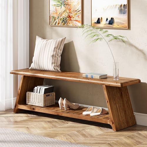 TRIBEWOOD 63-Inch Long Solid Wood Entryway Bench,...