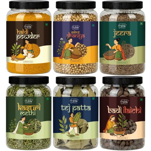 Image of LILA DRY FRUITS North Indian Spices Masala Combo | Haldi, Dhania, Jeera, Kasuri Methi, Tej Patta & Badi Elaichi 100 Gms Each