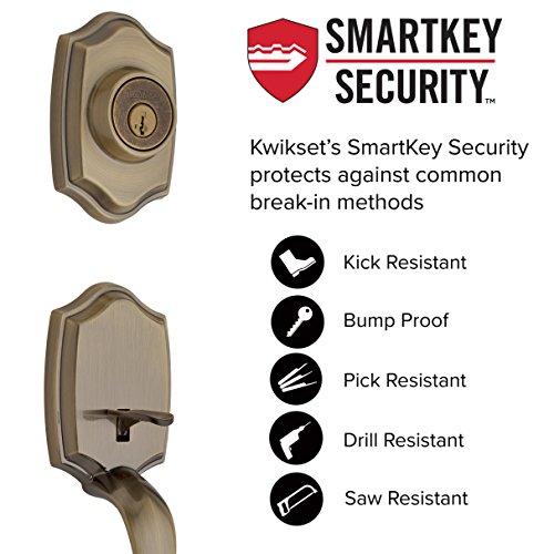 Image of Kwikset Belleview Front Door Lock Handle and Deadbolt Set, Entry Handleset Exterior with Interior Door Knob, Antique Brass, Pick Resistant SmartKey Rekey Deadbolt Security