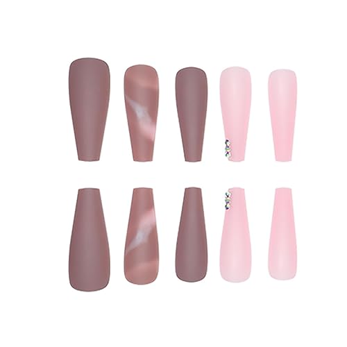 Miniatura 4 de Uñas postizas extralargas a presión tipo ataúd, uñas postizas de otoño para mujeres con diseños marrones, cobertura completa, pegamento en las uñas,