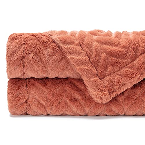 Chanasya Soft Faux Fur Embossed Throw Blanket - Solid Color Fuzzy Double Layered Super Soft Cozy Plush Elegant Burnt Orange Throw - For Bed Couch And Living Room (50X65 Inches) Rust Blanket #TOP3