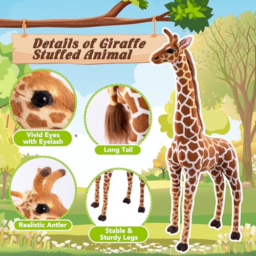 Image of Giant Stuffed Giraffe Animal Set, 47 Inch Large Giraffe Plush Toy for Kids with Bird & Basket & Leaves & Card, Toddler Lifelike Standing Toys Stuffed Animal for Girls Boys