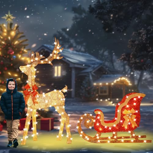 HbSpacstial 52 Inch 3D Gold Large Lighted Christmas Reindeer & Sleigh Decorations 2-Piece Outdoor Holiday Decorations Reindeer Set with 160 Warm White LEDs Large Yard Display for Garden Storefront