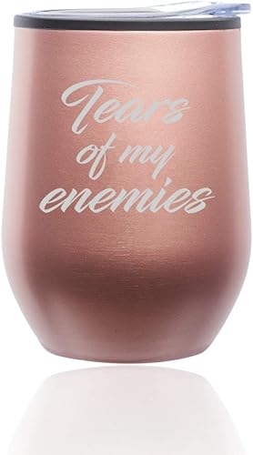 Vaso de vino sin tallo, taza de viaje para café con tapa, diseño de lágrimas de mis enemigos (oro rosa)