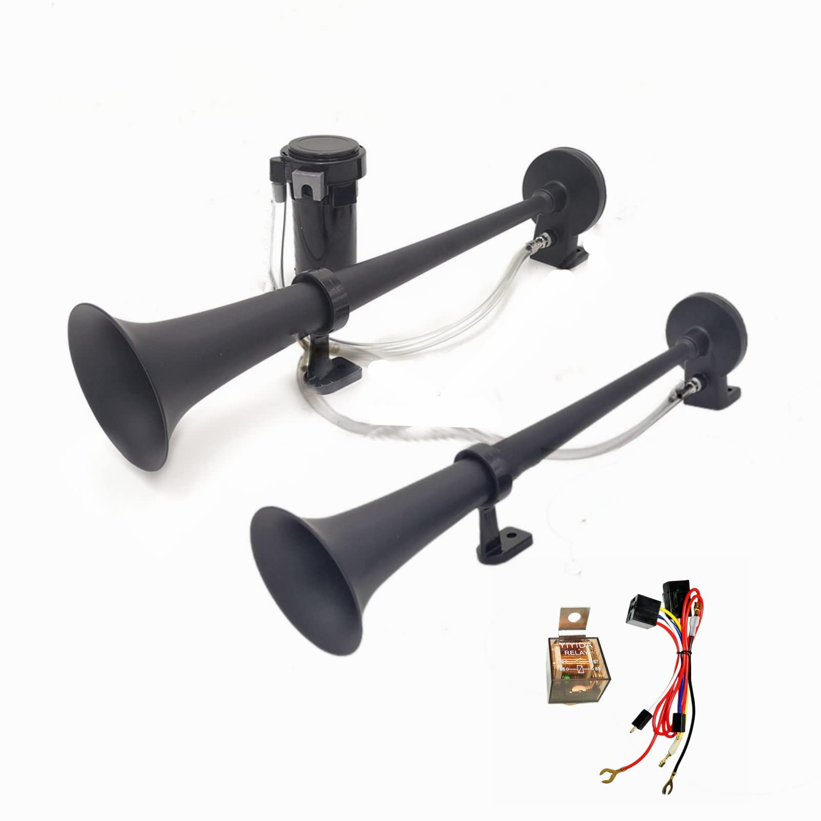 Klaxon de Voiture 24V Double Tube Trompette de Camion Chrome Noir 170db Avec Pompe à Air pour Bateaux SUV Vans Moto