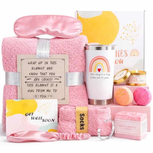 Get Well Soon Care Package for Women, 12 Pcs Deluxe Self-Care Gift Box with Pink Cozy Blanket, Tumbler, Candle & Spa Feel Better Basket – After Surgery, Thinking of You, Encouragement Recovery Gifts