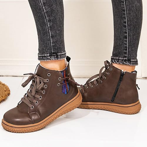 Womens Leather Lace Up Side Zipper High-Top Ankle Boots Retro Round Toe Platform Fashion Combat Booties Women's Casual Comfortable Flat Sneakers Outdoor Non-Slip Hiking Walking Shoes4