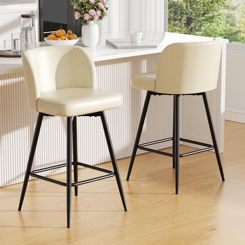 Image of Swivel Bar Stools Set of 2, 26 inch Counter Height Bar Stools with High Back and Metal Legs, Faux Leather Bar Chairs, Modern Barstools for Kitchen Island, Beige