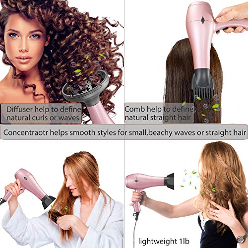 Nition Negative Ions Ceramic Hair Dryer With Diffuser Attachment,Ionic Blow Dryer Quick Drying,1875 Watt 2 Speed / 3 Heat Settings,Cool Shot Button,Lightweight,Rose Pink #TOP3