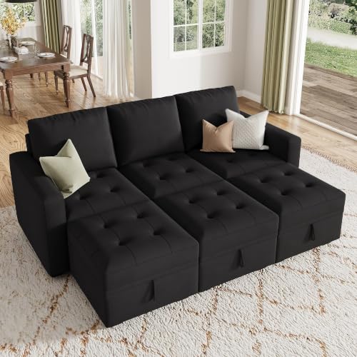 Image of HONBAY Modular Sleeper Sectional Sofa Bed with Storage,Velvet Black