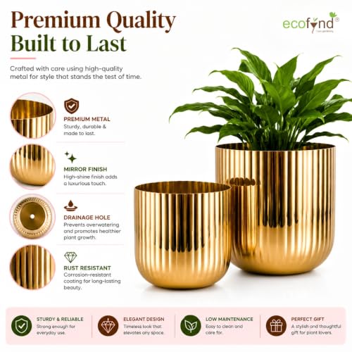Image of ecofynd 2 Pack Metal Plant Pots (8 inch, 6.3 inch), Indoor Small Planter Flower Pots, Home Garden Decor Planter for Living Room Bedroom Interior (Gold Finish, POT047)