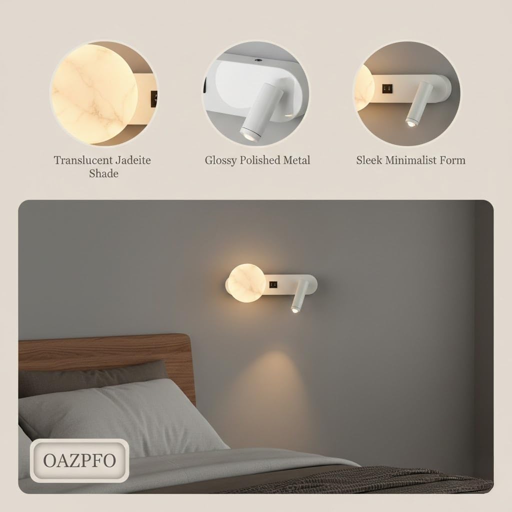 Reading Wall Sconce, Marble Spotlight Wall Lamp, 2 Light Fixture with 3 Color Dimming for Living Room, Hallway, Entryway, Black White Options, Loft, Study Corner, Foyer, Lobby Parlor