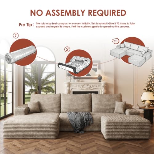 Image of Boneless Couch, Modular Sectional Couches for Living Room, U-Shaped Cloud Couch Sofa with Deep Seat, Fluffy Corduroy Upholstered Corner Sofa