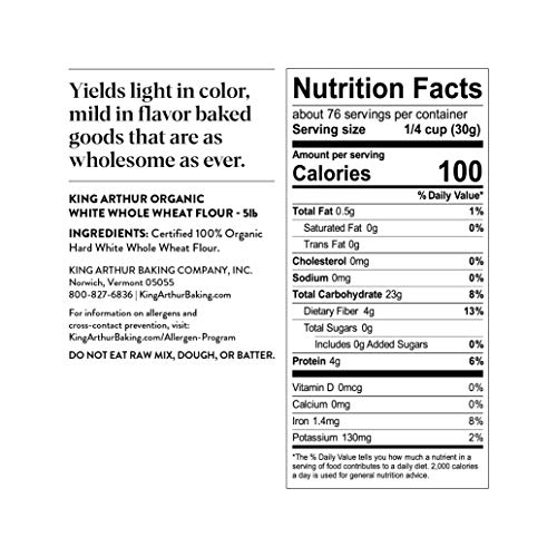 King Arthur, 100% Organic White Whole Wheat Flour, 100% Whole Grain, Non-Gmo Project Verified, 5 Pounds #TOP5