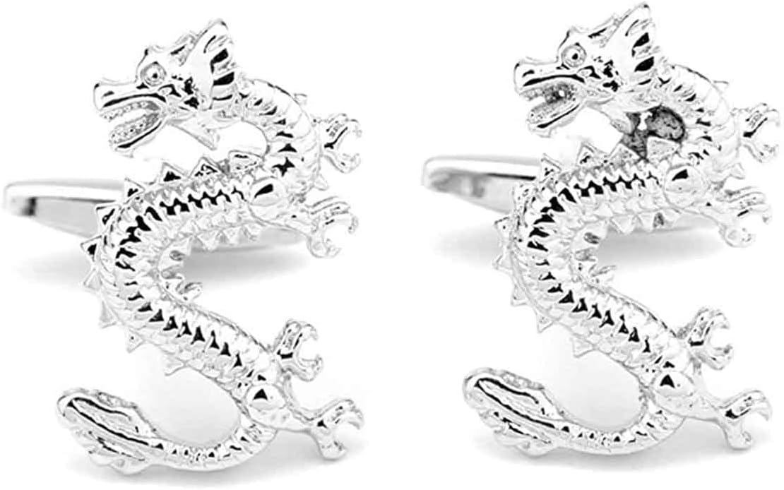 Sadiyamo1 Pair Men's Silver Chinese Dragon Cufflinks Shirt Suit Tuxedo Studs Cuff Links Set