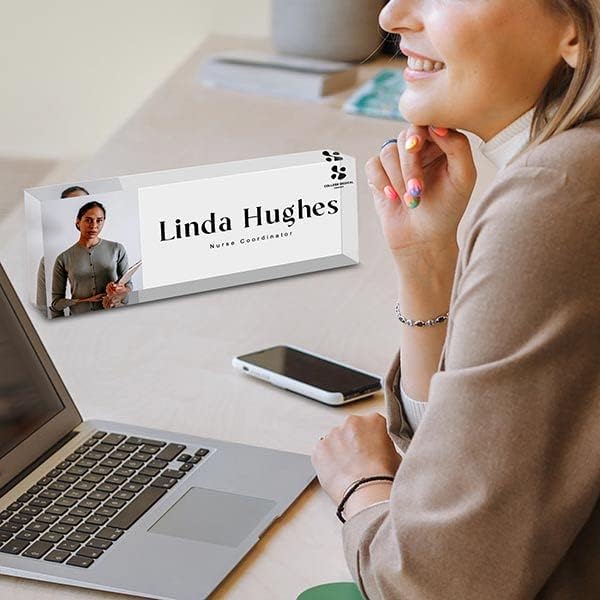 Miniatura 8 de Bivei - Placa de nombre personalizada para escritorio, foto grabada personalizada con nombre y título, placa de identificación de cristal para