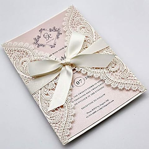 Picky Bride 25-Pack White Lace Laser Cut Wedding Invitations with Blush Pink Shimmer Insert, Elegant Invite Cards for Wedding/Sweet Sixteen/Baby Shower/Bridal Shower/Birthday Party Cover