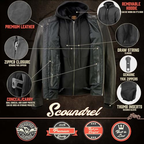 Image of Milwaukee Leather Men's Premium Leather Motorcycle Riders Vented Jacket with Removable Hoody Liner
