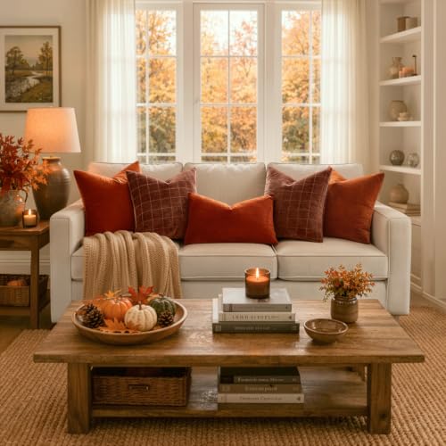 Image of MIULEE Fall Burnt Orange Plaid Euro Throw Pillow Covers 24x24 Set of 2