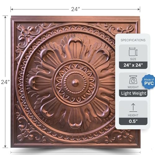Image of Kayra Decor PVC Ceiling Panel 2x2 Feet (60x60 cm) - Regal Ornate Design, Red Copper | Pack of 12 3D Decorative Ceiling & Wall Panels | Waterproof Home Interior Decor