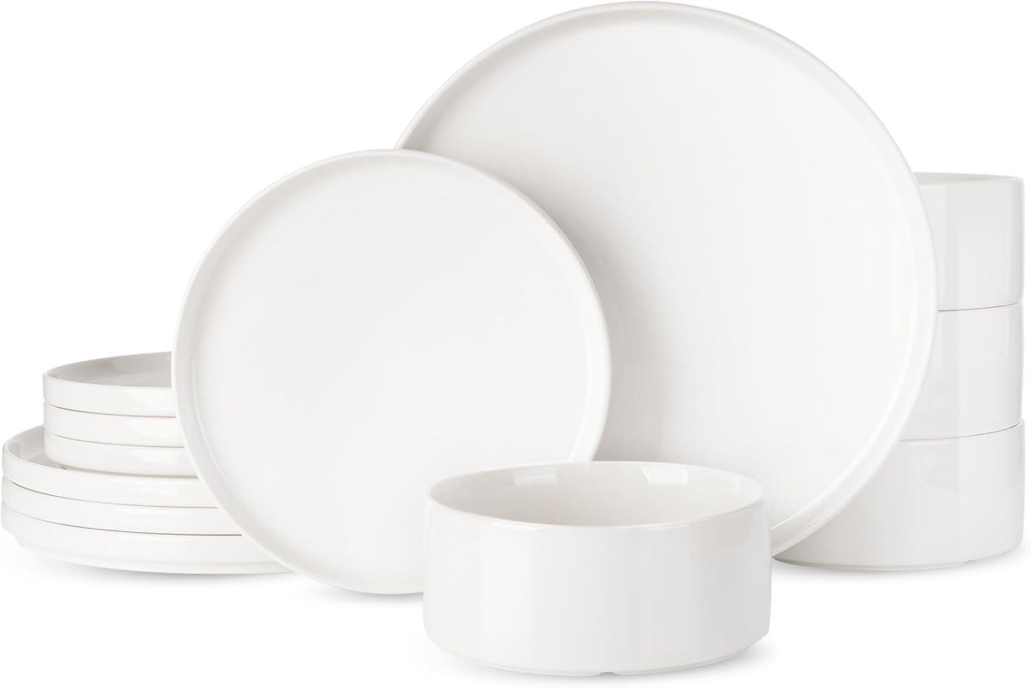 Famiware Porcelain Dinnerware Set, 12-Piece Modern Plate and Bowl Set, Dish Set for 4, Microwave and Dishwasher Safe Tableware, White White 4-Set(12pcs)