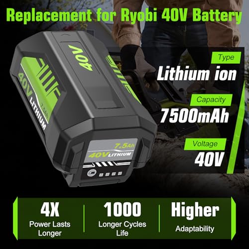 Image of Reoben 2Pack OP4060 7500mAh 40 Volt Replacement for Ryobi 40V Lithium Battery 7.5Ah Compatible with Ryobi 40V Battery OP4050A OP40601 for 40 Volt ryobi Battery(Green-2P)