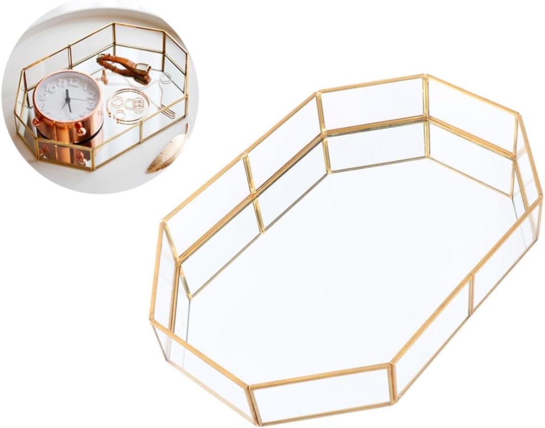 Decorative Copper Structure Jewelry Tray Mirrored Glass Surface Elegant Octagonal Vanity Organizer for Jewelry Makeup and Trinkets for Home and Storage
