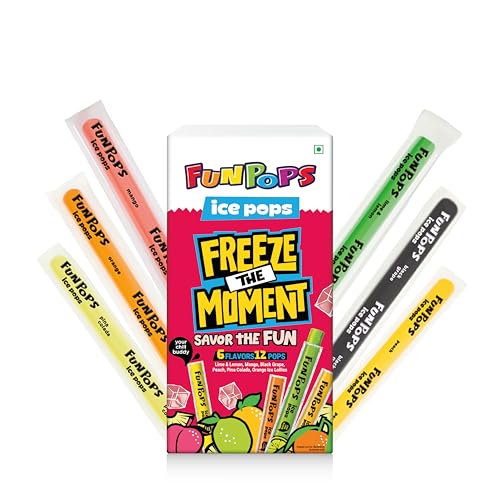 Image of FunPops Ice Pops | Ready-to-Freeze Fruit-Flavoured Ice Pops | 6 Flavours: Orange, Lime & Lemon, Pina Colada, Black Grape, Mango, Peach | Freeze - Cut - Enjoy | Pack of 12