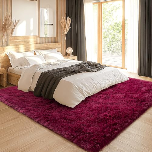 Burgundy Fluffy Rugs 9x12 Living Room - Super Soft Fuzzy Shag Rug Non Slip Large 9 by 12 Area Rug for Bedroom