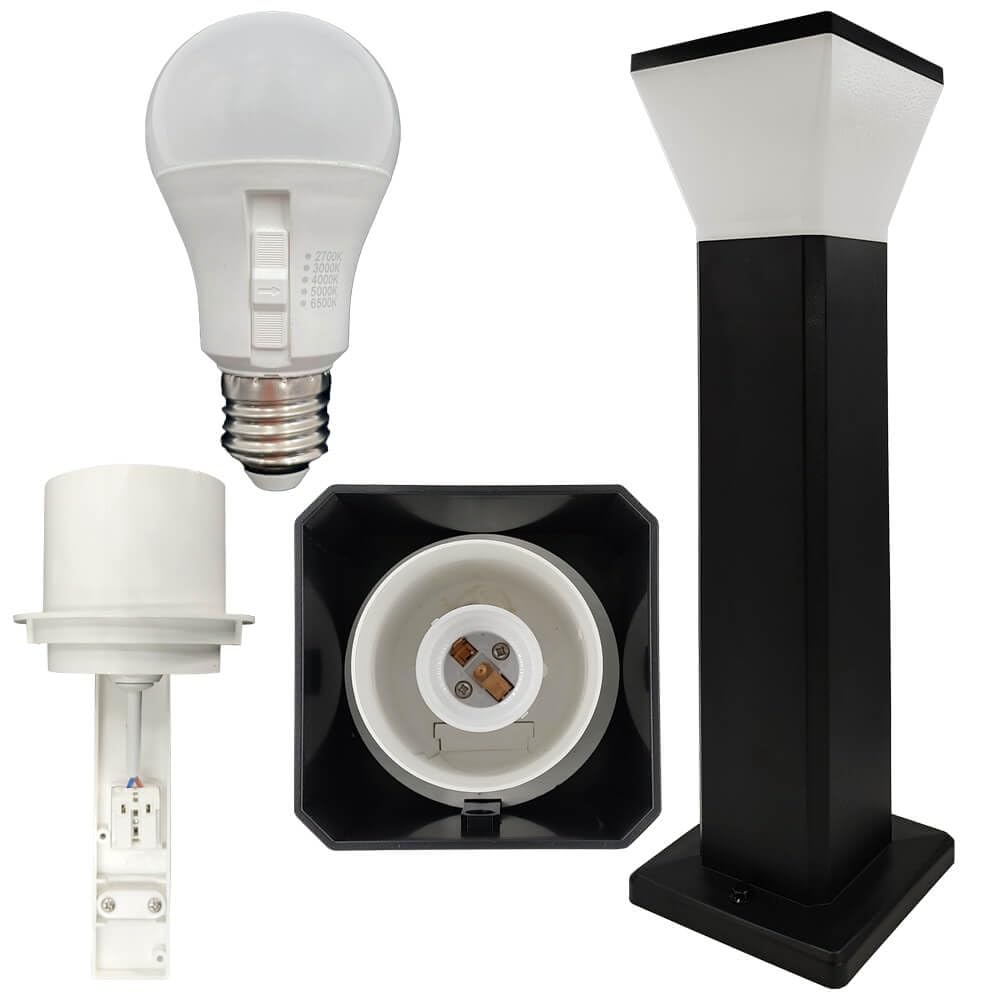 FactorLED 3PCs Balizas de Jardín Exterior LED 57cm Cuadradas, 9W, 900Lm, Bolardo para Caminos, Inoxidable, IP65 Impermeable, Negro, 5CCT Luz Seleccionable, Casquillo E27