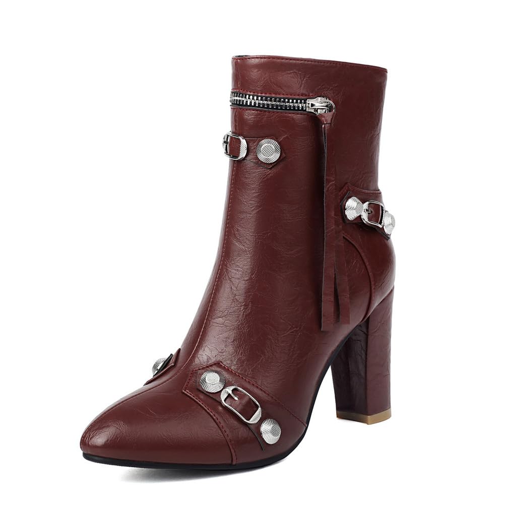 Donna Sexy Punta Appuntita Stivali alla Caviglia con Cerniera PU Cuoio Stivaletti con Rivetti Tacco Grosso Alto Chunky Stivali Punk