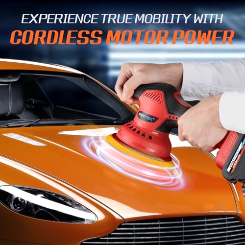 Image of Protmex Cordless Car Buffer Polisher w / 2x2000mAh 21V Batteries, 6 Inch Car Buffer Waxer Kit, Car Polishing Machine w /Extra 18 PCS Attachments & 6 Variable Speed (Red)
