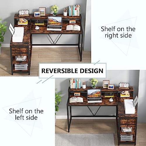 Image of Tribesigns Reversible L Shaped Desk with Drawer, Brown Corner Desk with Storage Shelves and Monitor Stand, Writing Table for for Small Space (Rustic)