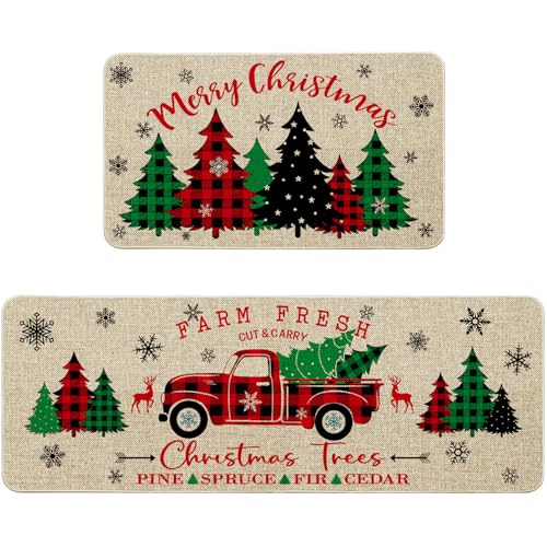 Ideasonna Farmhouse Christmas Kitchen Mat Decor, Truck Christmas Trees Kitchen Rugs Sets of 2, Christmas Mats for Kitchen Floor, Christmas Rugs Indoor Kitchen Christmas Decorations