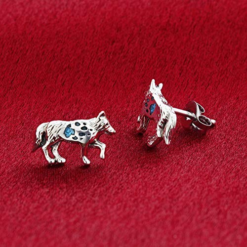 Turquoise Gemstone Wolf With Paw Southwestern Style Sterling Silver Post Back Stud Earrings #TOP1