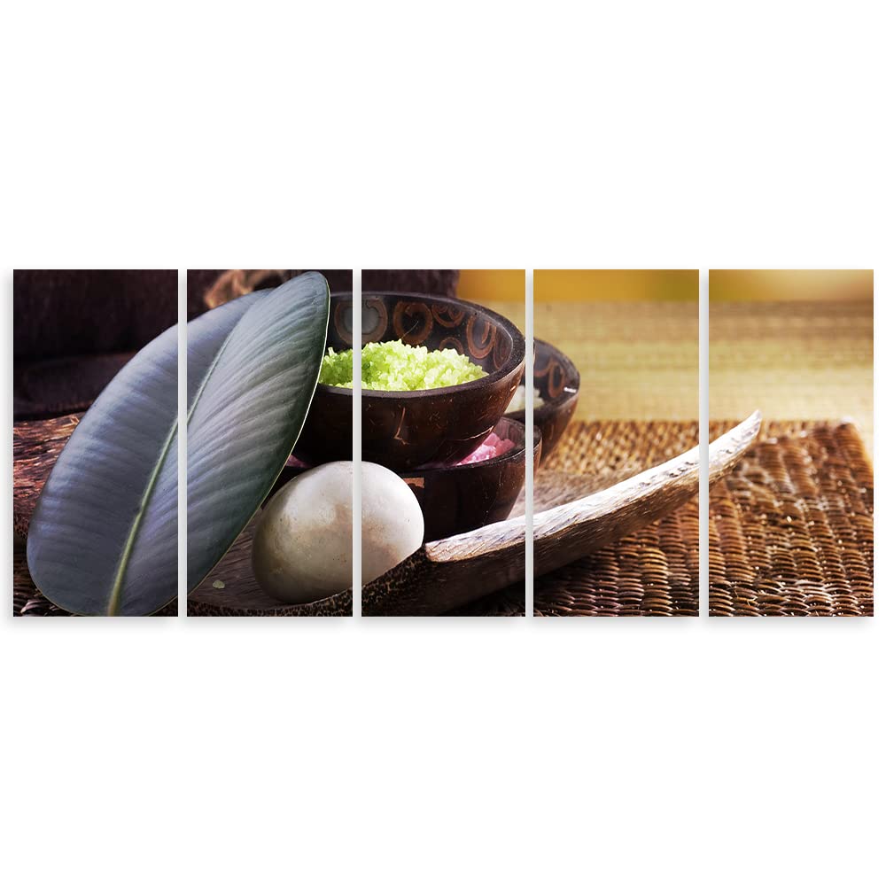 Feeby 5-teilig Vlies Leinwandbild 200x80 cm Badesalz Entspannung Großes Blatt Wand Bild Kunstdruck Deko Wohnzimmer Wohnungs Deko Innerer Frieden Stein Spa Braun