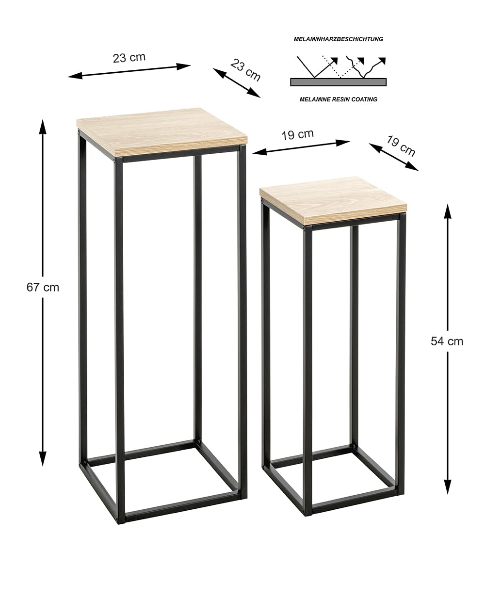 HAKU Lot de 2 Porte Plantes chêne Naturel, Noir, MDF, Métal - Dim.: L 19/23 x H 54/67 x P 19/23 cm, Style: Moderne