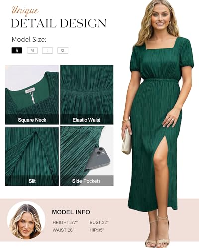 Image of ECOWISH Women Maxi Dresses Cocktail Party Wedding Guest Formal Pleated Long Dress Short Sleeve Slit Empire Waist Evening Gown