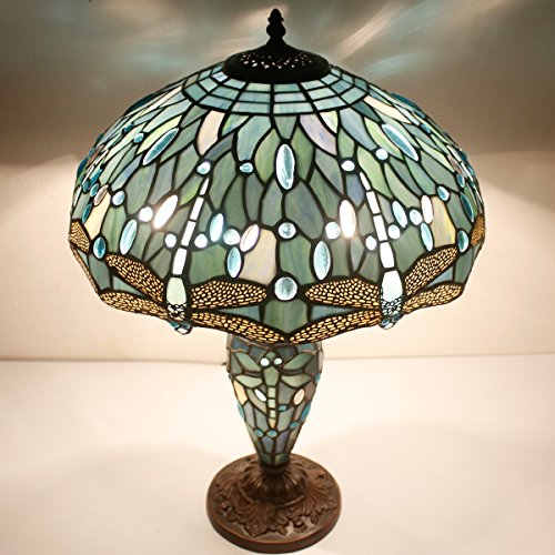 Image of WERFACTORY Tiffany Table Lamp Sea Blue Stained Glass Dragonfly Style Light