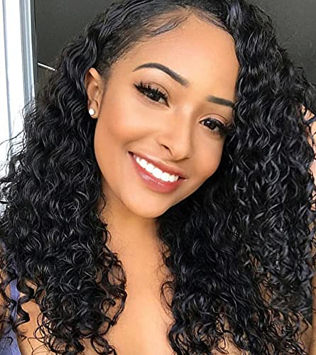 Water Wave Lace Front Wig, T Part Lace Front Wigs Human Hair, Curly Lace Frontal Human Hair Wigs for Black Women, Wet and Wavy 100% Real Human Hair Black Wig Pre Plucked with Baby Hair(20 Inch)
