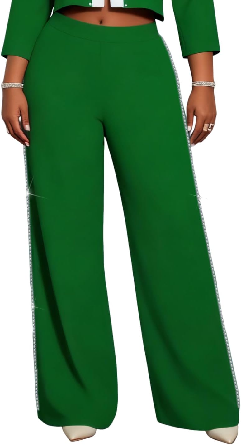 AOMEI Women's Plus Size Pearl Beaded Wide Leg Pants High Waist Dressy Wedding Party Long Trousers