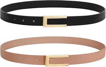 SANSTHS 2 Pack Skinny Leather Belts for Women, Ladies Thin Waist Belt for Dresses Jeans Pants with Gold Buckle